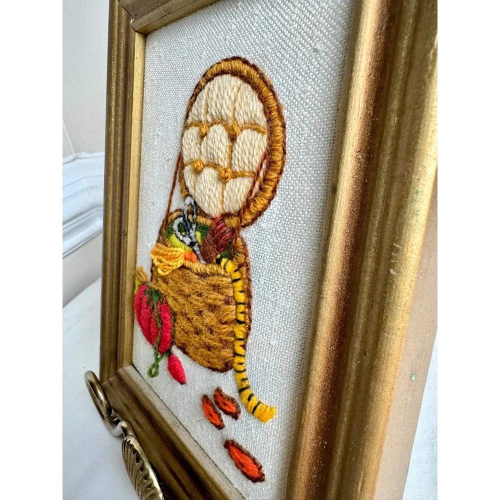 Vintage Framed Crewel Embroidery‎ Art Grandmacore Sewing Room Basket Handmade